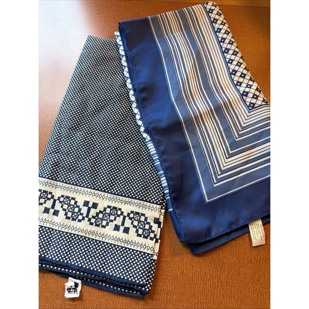 Vtg Pair Of Blue & White 1970's Square Scarves Polyester EUC